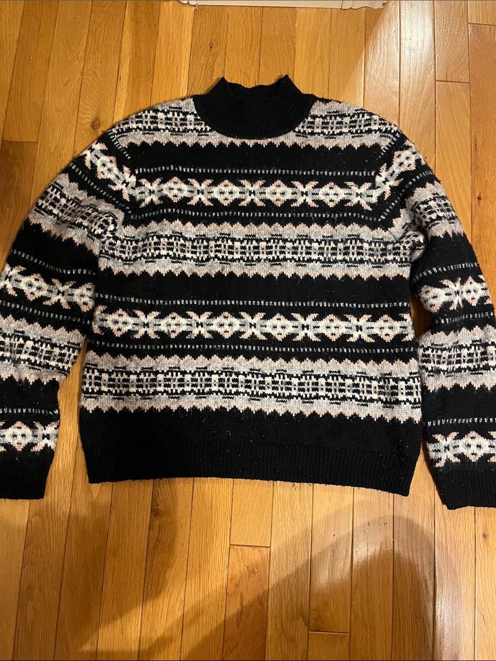 Joe Fresh navy blue and pink mock neck fair isle cozy knit sweater